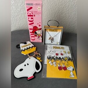 Peanuts Snoopy Bundle Necklace Earrings Keychain Gift Set + Collagen Cleanser